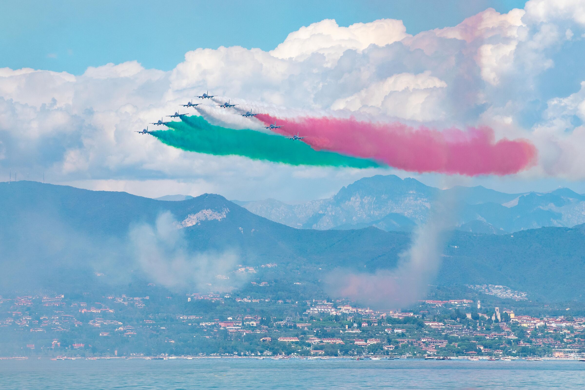 The Frecce Tricolore against the backdrop of Lake Garda...