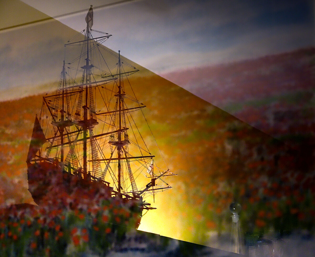 Model of sailing ship reflected on a picture of red flowers......