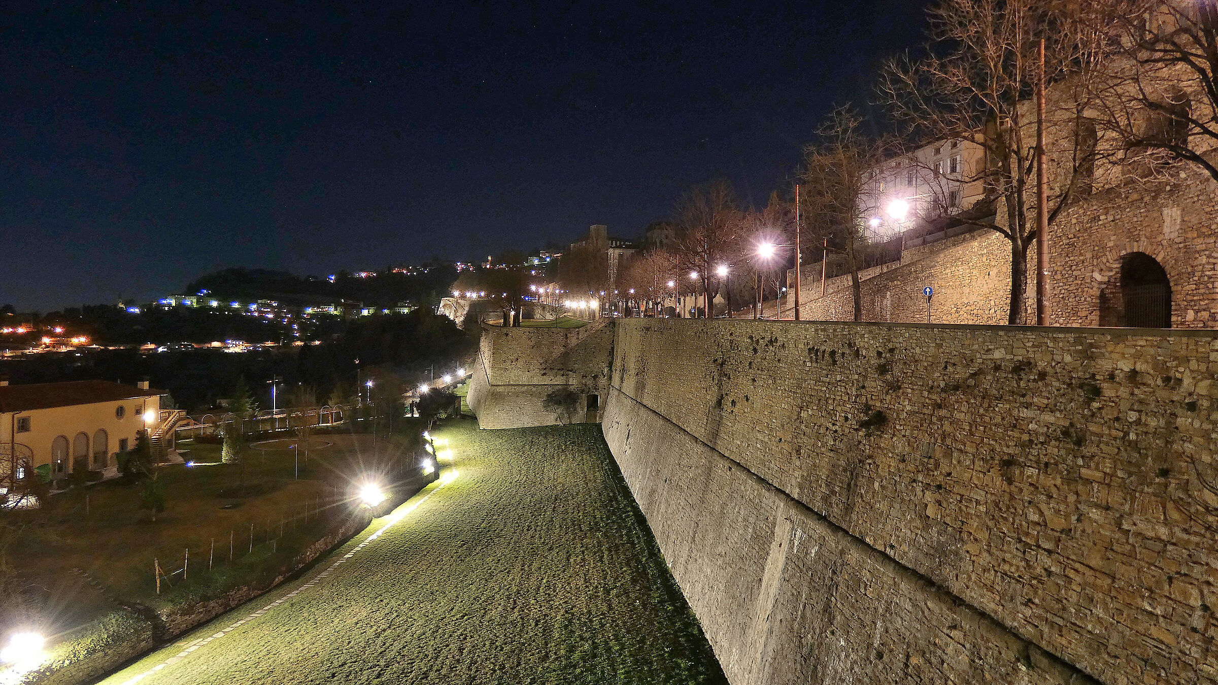 Night on the avenue of the Venetian walls of Bergamo Alta...