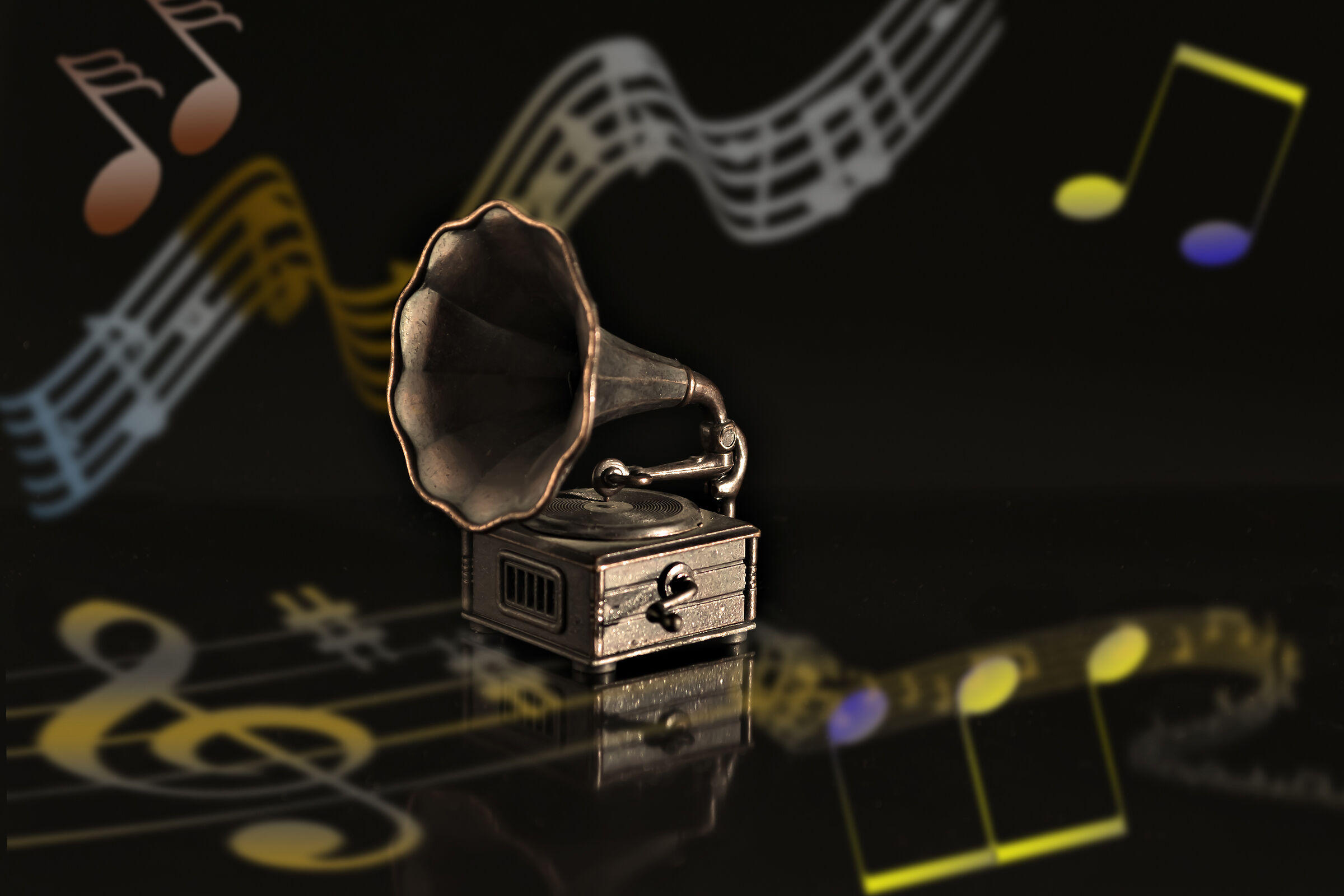 Miniature Gramophone on Black Background Editing Notes Music...
