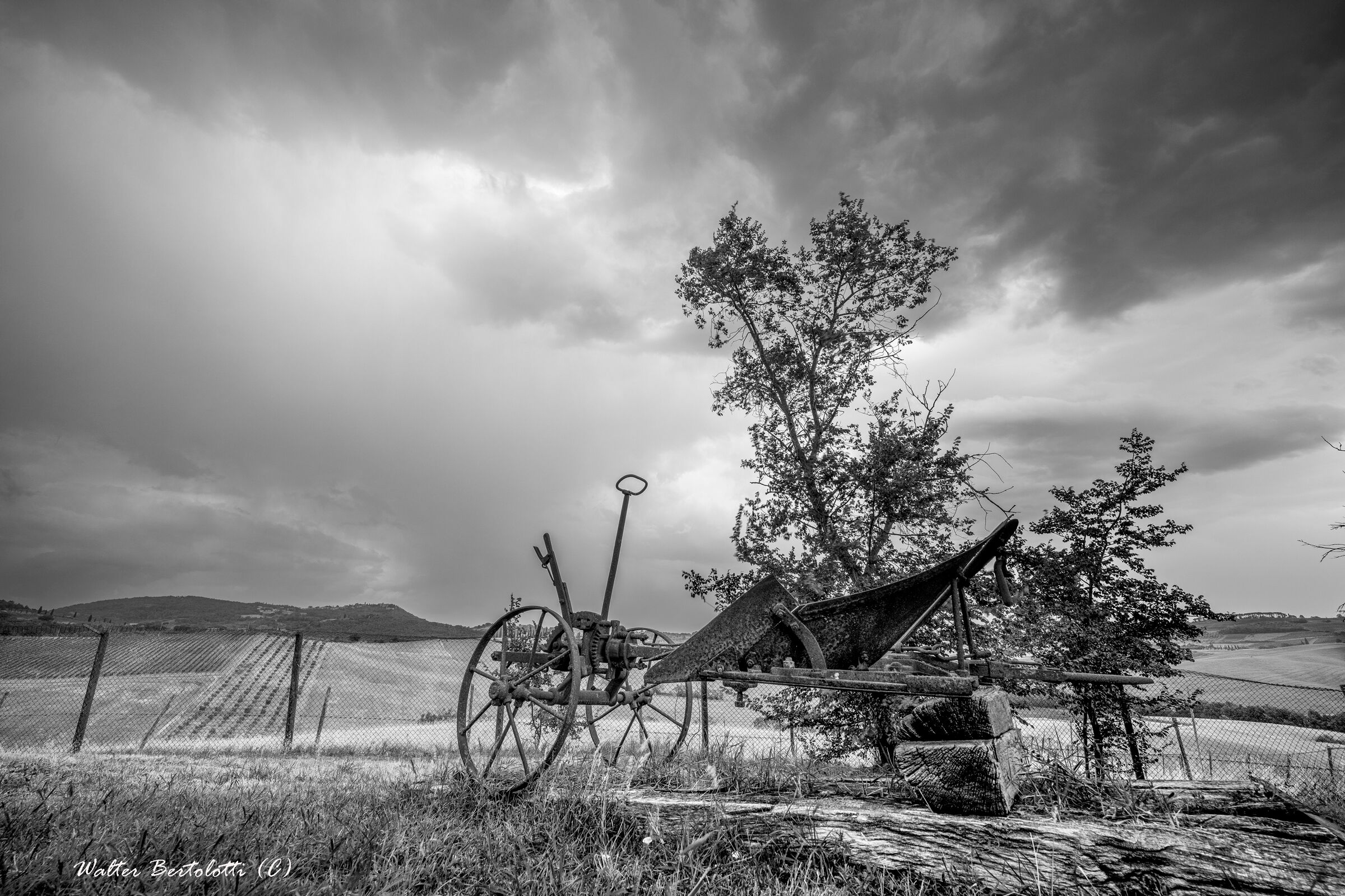 the old plow in black and white...