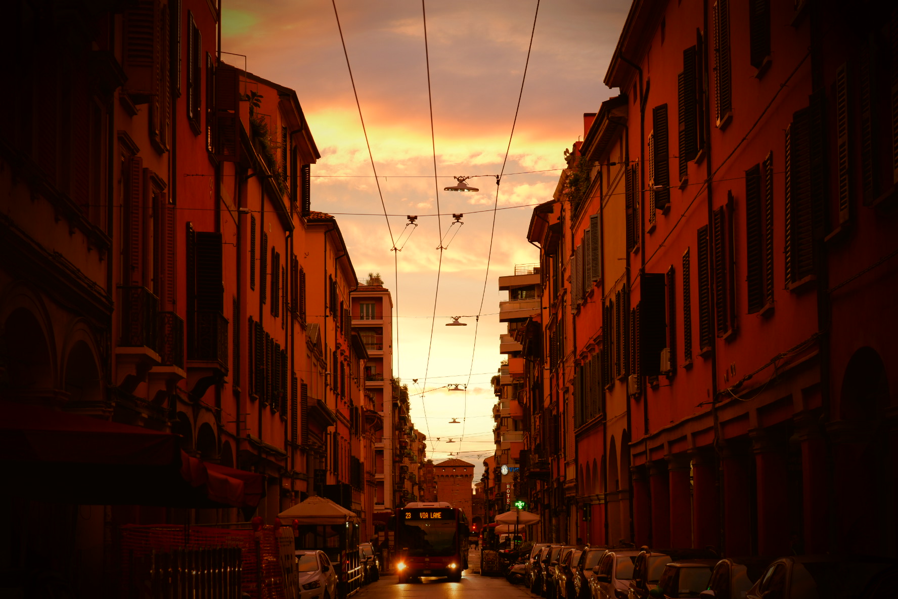 Bologna, Via San Felice at sunset ...